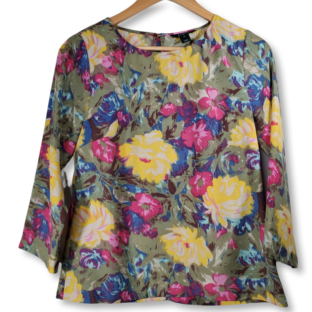 J. Crew Scoopneck Floral Print 3/4 Sleeve Blouse Pink Yellow Size XS